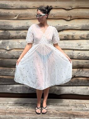 Divine vintage Nightie Slip Dress Sheer White with Gold Polka Dot Negligee